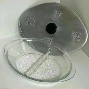 Vintage  Glasbake USA divided dish J2352 with aluminum lid and Bakelite knob